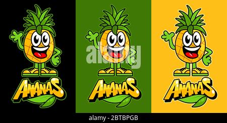 Süße Kawaii Ananas-Früchte. Lustige Vektor Illustration Von Cartoon Ananas. Freundliche Ananas Stock Vektor
