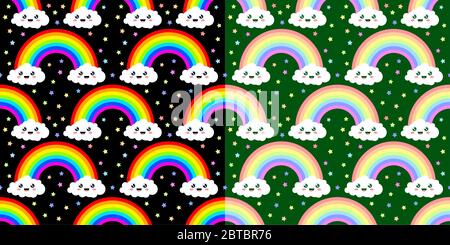 Zwei Varianten Von Funny Kawaii Regenbogen Nahtloses Abstraktes Muster Vektor Illustration Stock Vektor