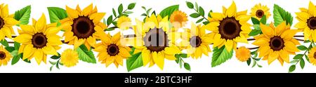 Vektor horizontale nahtlose Grenze mit gelben Sonnenblumen und grünen Blättern. Stock Vektor