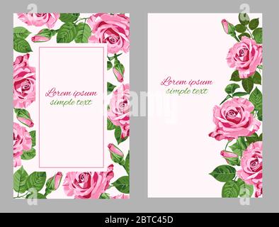 Set von Hochzeitseinladungen oder Grußkarten mit Vektor rosa Rosen und Platz für Text auf dem Rechteck-Rahmen Stock Vektor