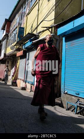 Tibetische Mönche tragen Schutzmasken und soziale Distanzierung als Vorsichtsmaßnahme, um die Ausbreitung des Coronavirus COVID 19 zu verhindern. Dharamshala, Indien. Stockfoto