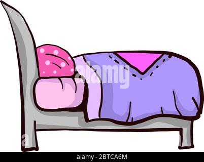 Bett mit lila Decke, Illustration, Vektor auf weißem Hintergrund Stock Vektor