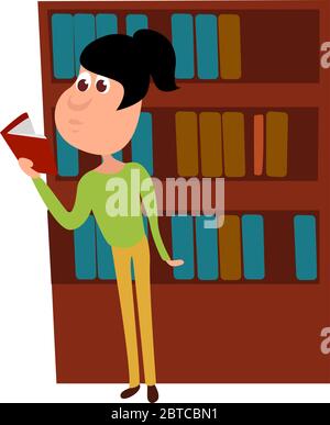 Frau liest Buch in der Bibliothek , Illustration, Vektor auf weißem Hintergrund Stock Vektor