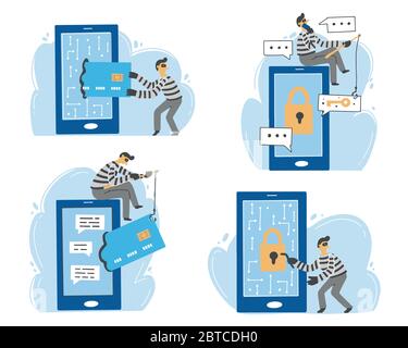 Betrügerangriff, E-Mail Phishing, Cyber Hacker, Online-Betrug, Sicherheitskonzept Design für Web, Banner, Social Media. Cartoon-Charakter der Betrüger. Flache Vektorgrafik. Stock Vektor
