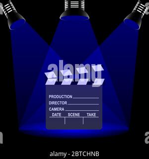 Clapperboard im Filmemachen mit Text und drei Scheinwerfern Stock Vektor