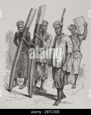 Historia de Africa. Siglo XIX. Porteadores de marfil. Grabado. El Congo y la Creación del Estado Independiente de este nombre. Historia de los trabajos y Exploraciones Verificados, por Enrique M. Stanley. Editada en Barcelona, hacia 1890. España. Stockfoto