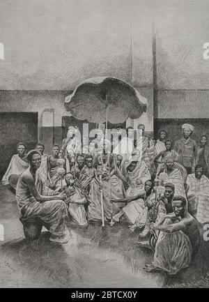 Historia de Africa. Siglo XIX. Una'palaver' (Konferenzencia). Grabado. El Congo y la Creación del Estado Independiente de este nombre. Historia de los trabajos y Exploraciones Verificados, por Enrique M. Stanley. Editada en Barcelona, hacia 1890. España. Stockfoto