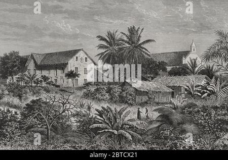 Historia de Africa. Siglo XIX. La Misión católica en el Gabón. Grabado. El Congo y la Creación del Estado Independiente de este nombre. Historia de los trabajos y Exploraciones Verificados, por Enrique M. Stanley. Editada en Barcelona, hacia 1890. España. Stockfoto