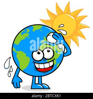 Planet Erde Zeichentrickfigur vor einem brennenden Sonne, Schweiß abwischen und heiß. Stockfoto