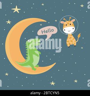 Nachtlandschaft, wo niedlichen Alligator sitzt auf dem Mond und in sagt Hallo die Giraffe Astronaut. Stock Vektor