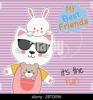 Niedliche Tiere Freunde, Bär, Katze in Sonnenbrille und Kaninchen. Stock Vektor
