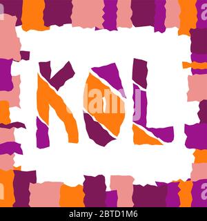 KOL Abkürzung für Key Opinion Leader, Influencer Konzept, gebrochener quadratischer Rahmen um das unebene schiefe Wort. Lila, orange Farben. Stock Vektor