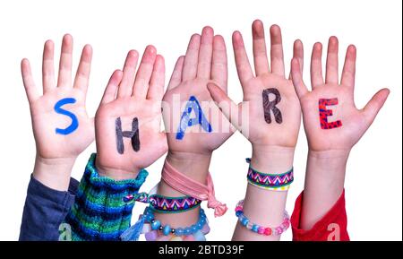 Kinder Hände Gebäude Word Share, Isoliert Hintergrund Stockfoto