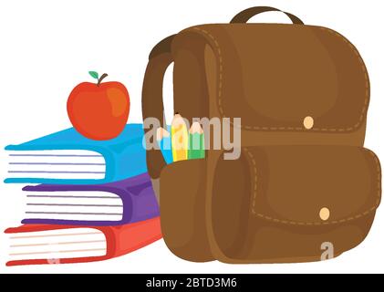 Schultasche mit Büchern und Apfel Stock Vektor