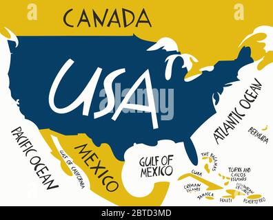 Vektor Hand gezeichnet stilisierte Karte der Vereinigten Staaten von Amerika. Reisedarstellung der USA mit Nachbarländern und Gewässern. Handgezeichnete Schriftzüge Stock Vektor