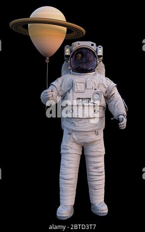 astronaut mit Planet Saturn Ballon isoliert auf schwarzem Hintergrund Stockfoto