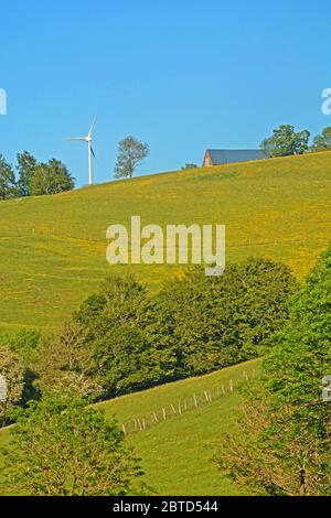 Bauernhof und Windturbinen, Cezallier Plateau, Puy-de-Dome, Auvergne, Massif-Central, Frankreich Stockfoto