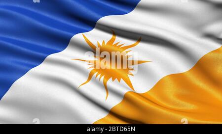 3D-Darstellung der brasilianischen Staatsflagge von Tocantins, die im Wind winkt. Stockfoto