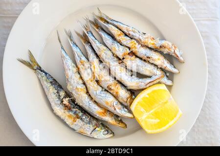 Frisch gegrillten Sardinen serviert mit Zitrone. Torremolinos, Costa del Sol, Andalusien, Spanien Stockfoto