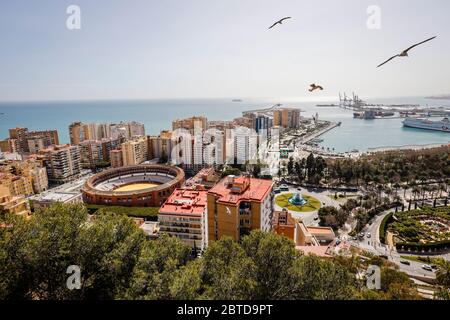 Malaga, Andalusien, Spanien - Stadtübersicht mit der Stierkampfarena und dem neuen Hafenviertel mit der schicken Hafenpromenade Muelle Uno. Malaga, Stockfoto