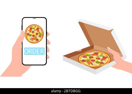 Fast Food Pizza Lieferung Online-Service. Abbildung des flachen isometrischen Vektors. Stock Vektor
