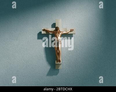 Kruzifix an der Wand im Scheinwerfer in alten dunklen Kirche oder Kathedrale. Jesus Christus am Kreuz. Religion, Glaube und Hoffnung. Heilige und heilige Orte. 3d Stockfoto