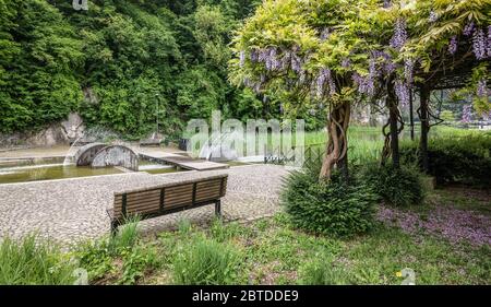 Leere Bank im Park mit einer Glyzinienpflanze und einem modernen Brunnen in der Nähe des Stadtzentrums von Durbuy in den belgischen Ardennen. Stockfoto