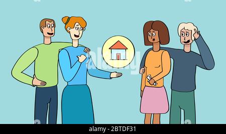 Eltern geben Kindern ein Zuhause. Angebot, ein Haus zu kaufen. Frisch vermählte kaufen Immobilien. Charakter in Cartoon.Vektor Stock Illustration. Stock Vektor