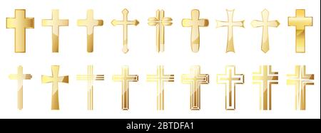 Symbole für das christliche Kreuz gesetzt. Gold christian Kreuz Symbol isoliert. Vektorgrafik. Goldenes Kreuz Stock Vektor