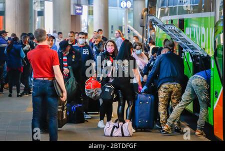 Düsseldorf, Nordrhein-Westfalen, Deutschland - Saisonarbeiter landen am Flughafen Düsseldorf mit Sonderflugzeugen aus Rumänien, Busse bringen die Ernte Stockfoto