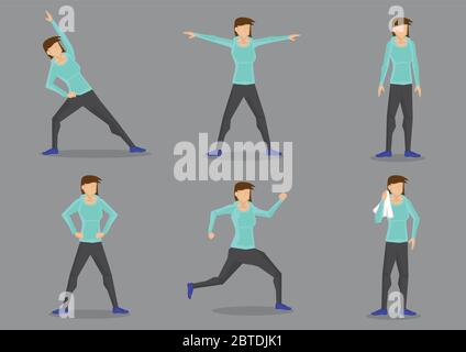 Set von sechs Vektor-Illustrationen von athletischen Frau in sportlichen Trainingsanzug tun Workout isoliert auf grauem Hintergrund. Stock Vektor