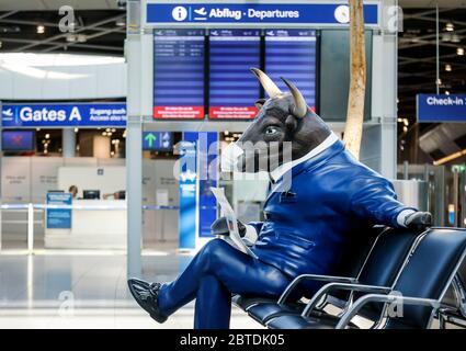 Düsseldorf, Nordrhein-Westfalen, Deutschland - Flughafen Düsseldorf, verlassene Abflughalle in Zeiten der Koronakrise wurde ein Bullenmundschutz gestu Stockfoto