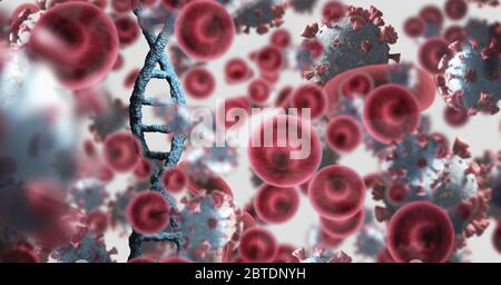 Rote Zellen über Coronavirus Covid19 Zellen und DNA-Stamm Stockfoto