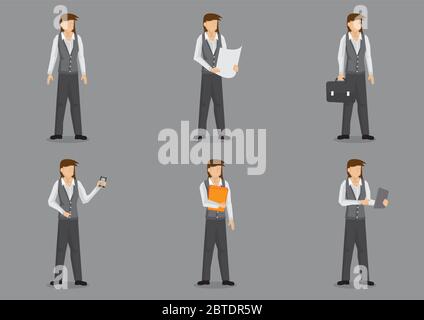 Set von sechs Vektor-Illustrationen von Büroarbeiterin in Hemd, Weste und Hose isoliert auf grauem Hintergrund gekleidet. Stock Vektor