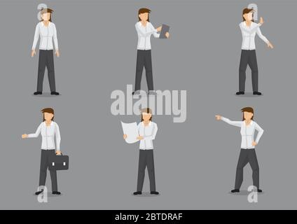 Set mit sechs Vektor-Illustrationen von weiblichen Business-Profi in eleganten Casual Dress Hemd und Hose. Vektor Cartoon Charakter Design von professio Stock Vektor