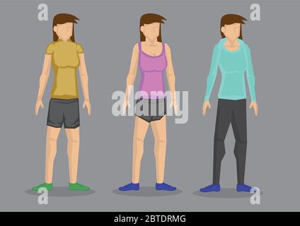 Set von drei Vektor-Illustrationen von Cartoon Frauen in verschiedenen Mode-Outfits für sportliche Look isoliert auf grauem Hintergrund. Stock Vektor