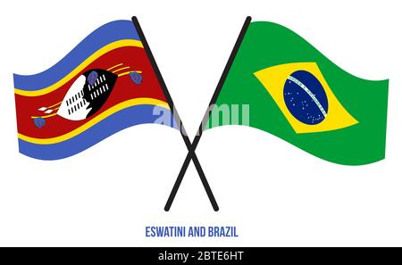 Eswatini und Brasilien Flaggen gekreuzt und winken Flat Style. Offizieller Anteil. Richtige Farben. Stockfoto