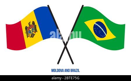 Moldawien und Brasilien Flaggen gekreuzt und winken Flat Style. Offizieller Anteil. Richtige Farben. Stockfoto