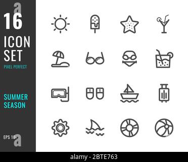 Set von 16 Icons Sommer Saison dünne Linie Stil. Pixel Perfekt. Vektorgrafik Stock Vektor