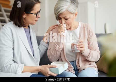 Porträt der erwachsenen Psychologin hilft weinenden älteren Frau während der Therapie-Sitzung im Büro Stockfoto