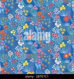 Blume Wiese nahtlose Vektor Muster blau. Wiederholen Doodle Blumen Hintergrund Hälfte Tropfen wiederholen. Blumen im skandinavischen Stil. Für Gewebe verwenden Stock Vektor