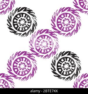 Ethnie, Stammes, Ureinwohner, Mandala. Handgezeichneter Linolschnitt. Geometrisches nahtloses Muster. Afrikanisch mexikanisch indisch orientalisches Ornament. Schwarz und violett Stock Vektor