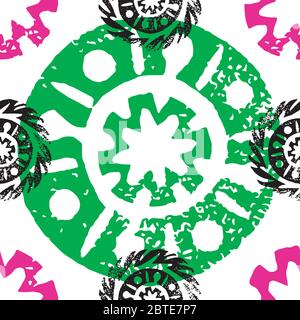 Ethnie, Stammes, Ureinwohner, Mandala. Handgezeichneter Linolschnitt. Geometrisches mehrfarbig nahtloses Muster. Afrikanisch mexikanisch indisch orientalisches Ornament Stock Vektor