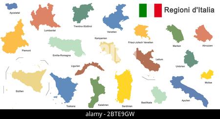 Silhouetten des europäischen Landes Italien und der Regionen Stock Vektor