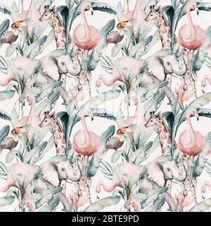 Tropisches Nahtloses Muster mit Flamingo. Aquarell tropisch Zeichnung, Rosenvogel und Grün Palme, tropisch grün Textur, exotische Blume Stockfoto