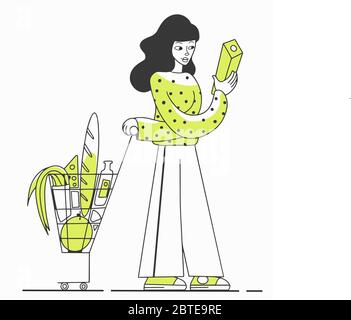 Frau liest Etikett mit Warenkorb voller Produkte in einem Lebensmittelgeschäft oder Supermarkt. Verbraucher wählt Produkte. Doodle Linie Stil Vektor-Illustration Stock Vektor