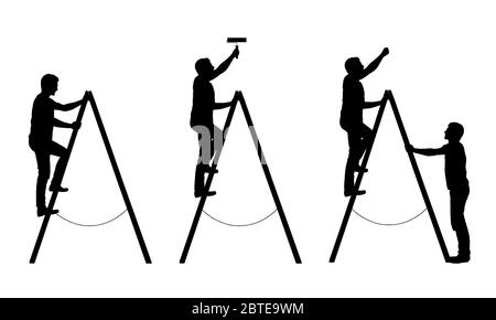 Set aus schwarzen und weißen Silhouetten eines Mannes Handwerker. Er malt die Wand und hält eine Leiter - isolierte Vektor auf weißem Hintergrund Stock Vektor