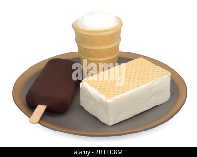 Eis-Set in einer Platte auf weißem Hintergrund isoliert. Stockfoto