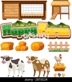 Farming Set mit Hühnerstall und Nutztiere auf weißem Hintergrund Illustration Stock Vektor