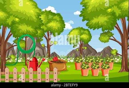 Hintergrund-Szene mit Gartengeräten in der Park-Illustration Stock Vektor